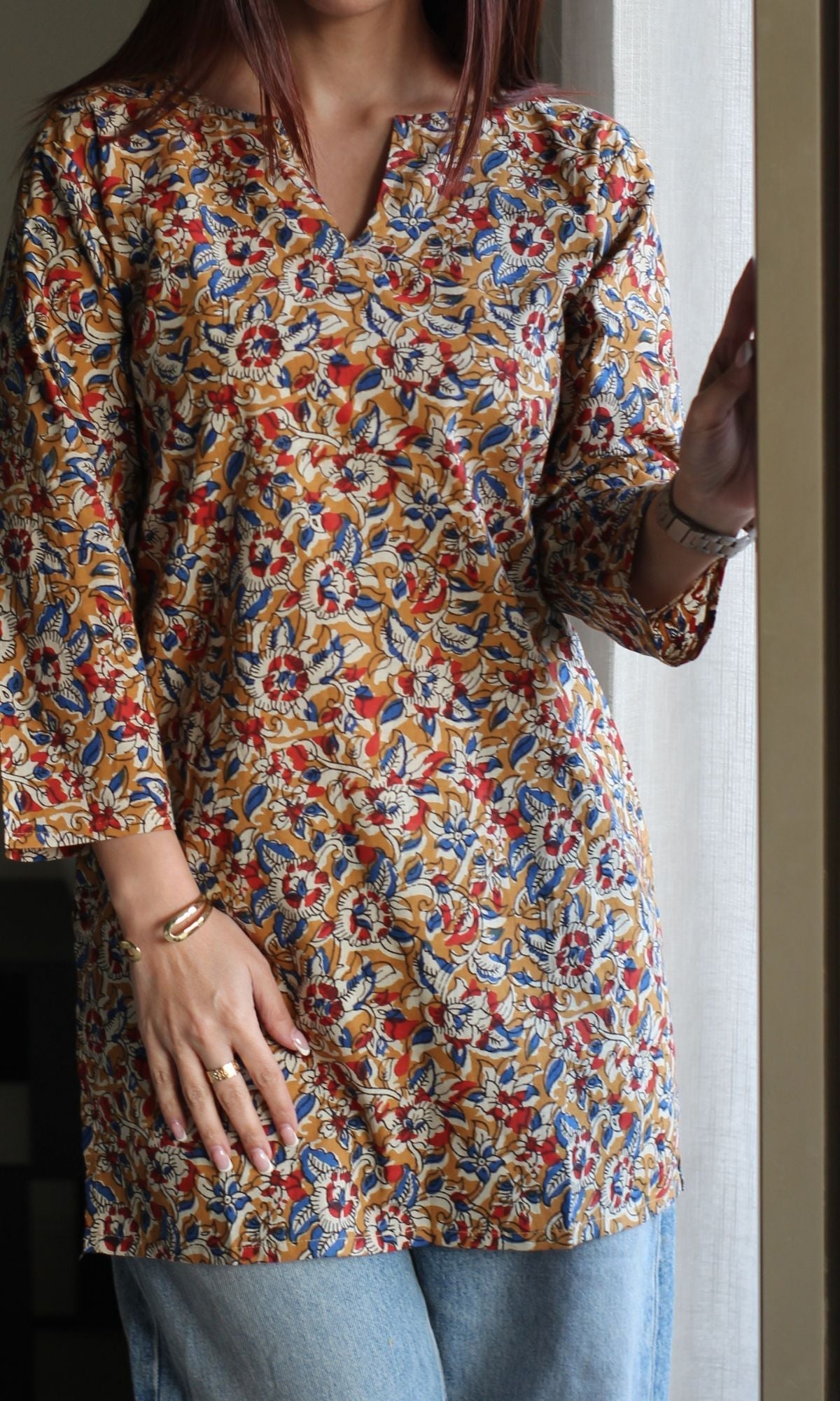 Cotton Yellow & Red Print Kalamkari Short Kurta