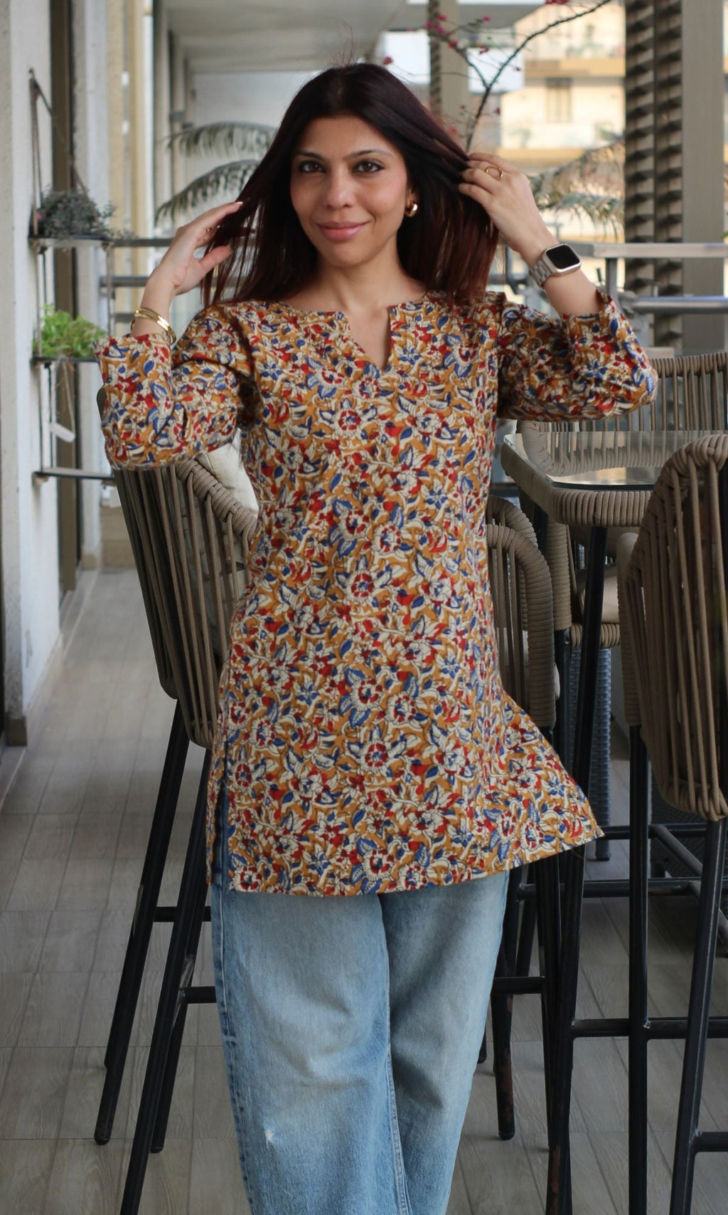 Cotton Yellow & Red Print Kalamkari Short Kurta