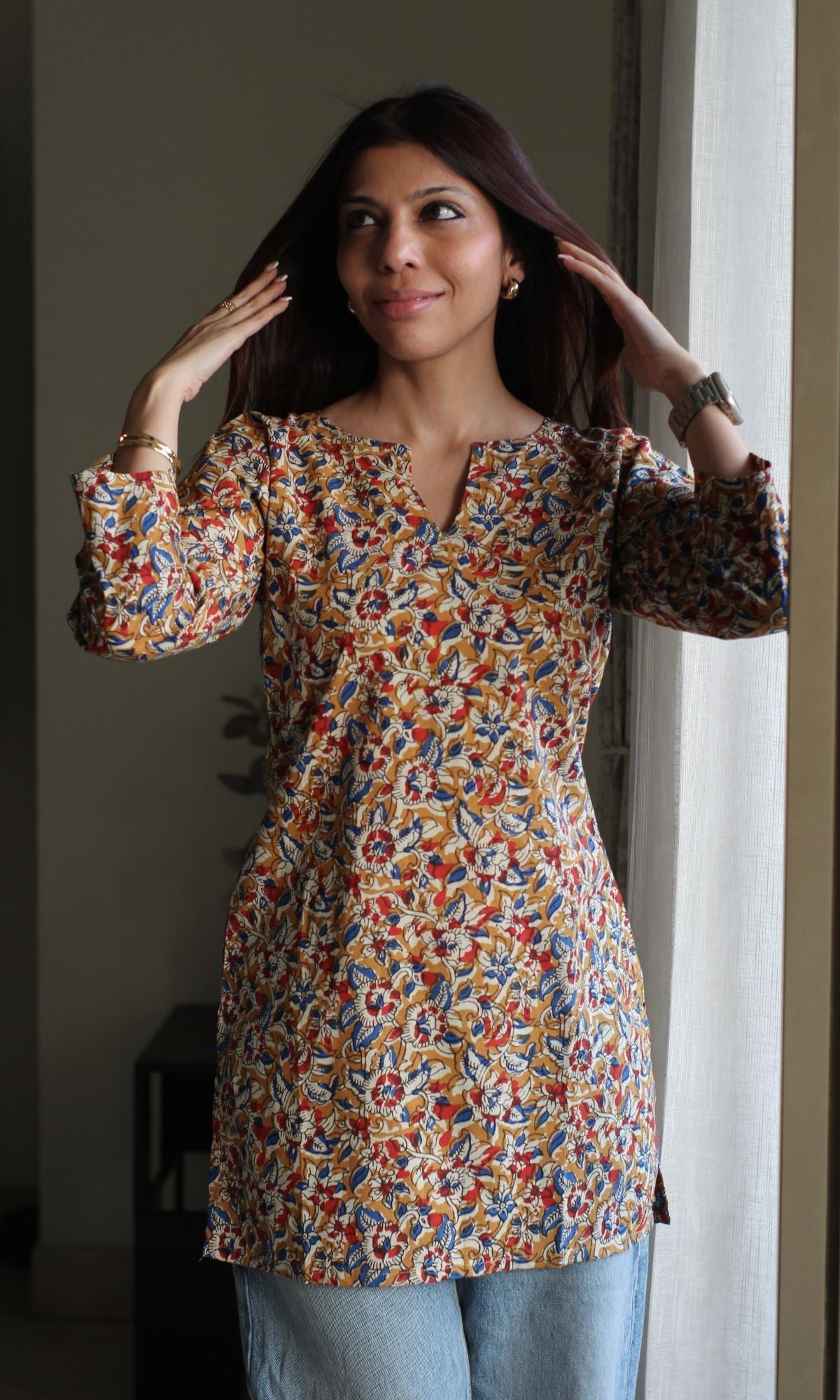 Cotton Yellow & Red Print Kalamkari Short Kurta