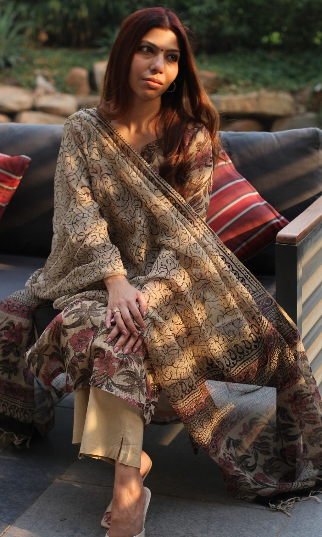 Kota Doria Kalamkari Beige & Pink Kurta and Dupatta with Cotton Pants