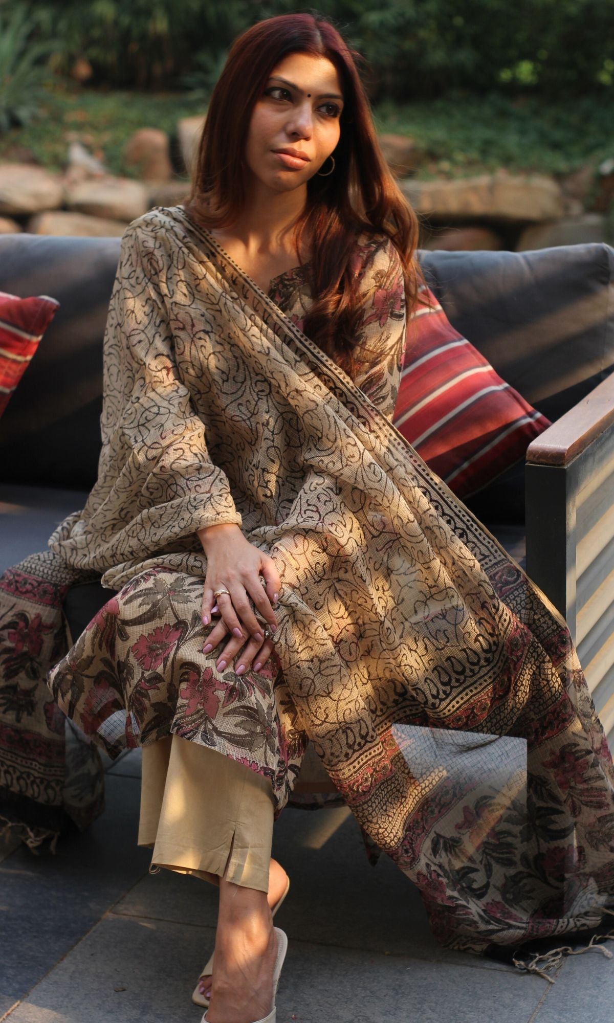 Kota Doria Kalamkari Beige & Pink Kurta and Dupatta with Cotton Pants