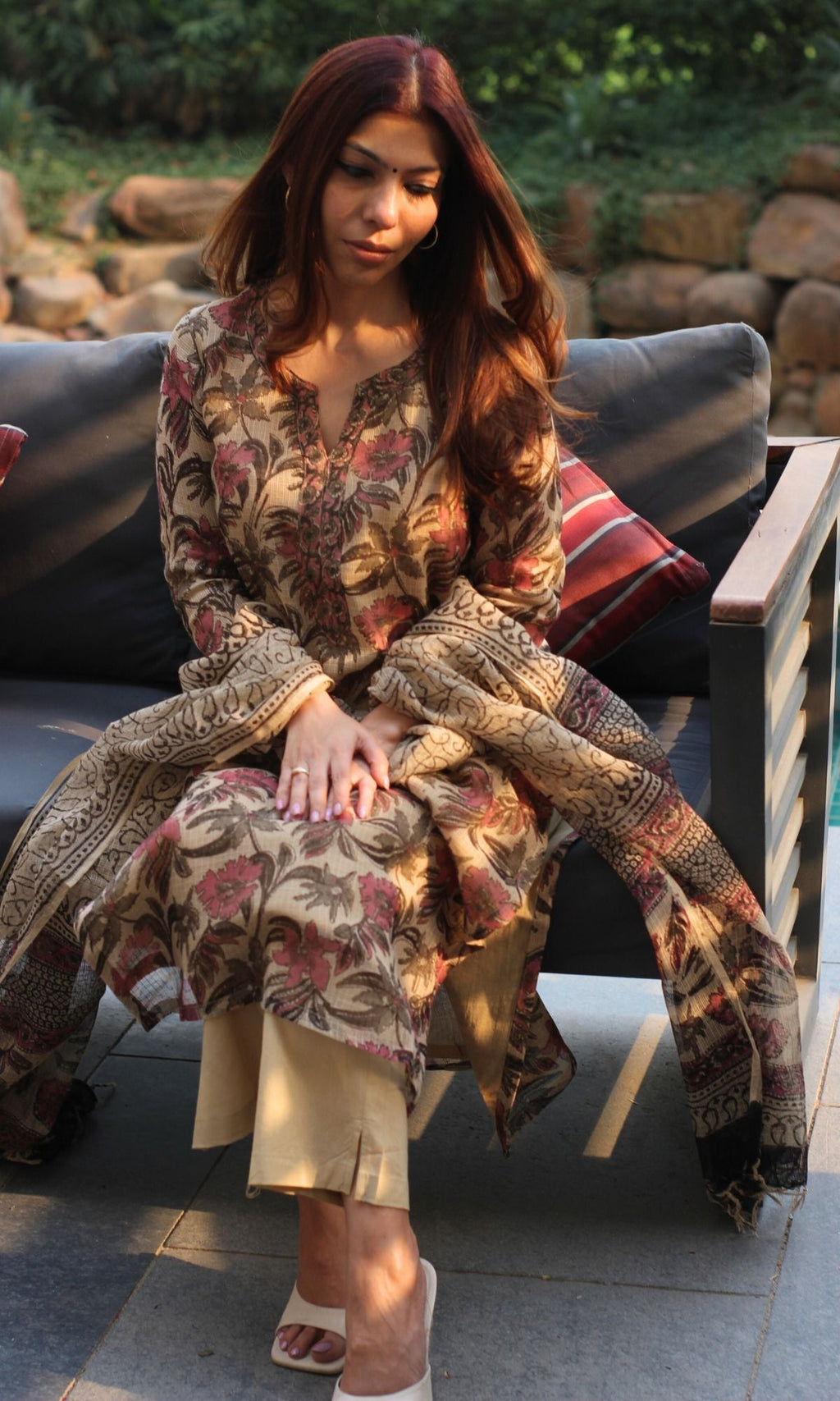 Kota Doria Kalamkari Beige & Pink Kurta and Dupatta with Cotton Pants