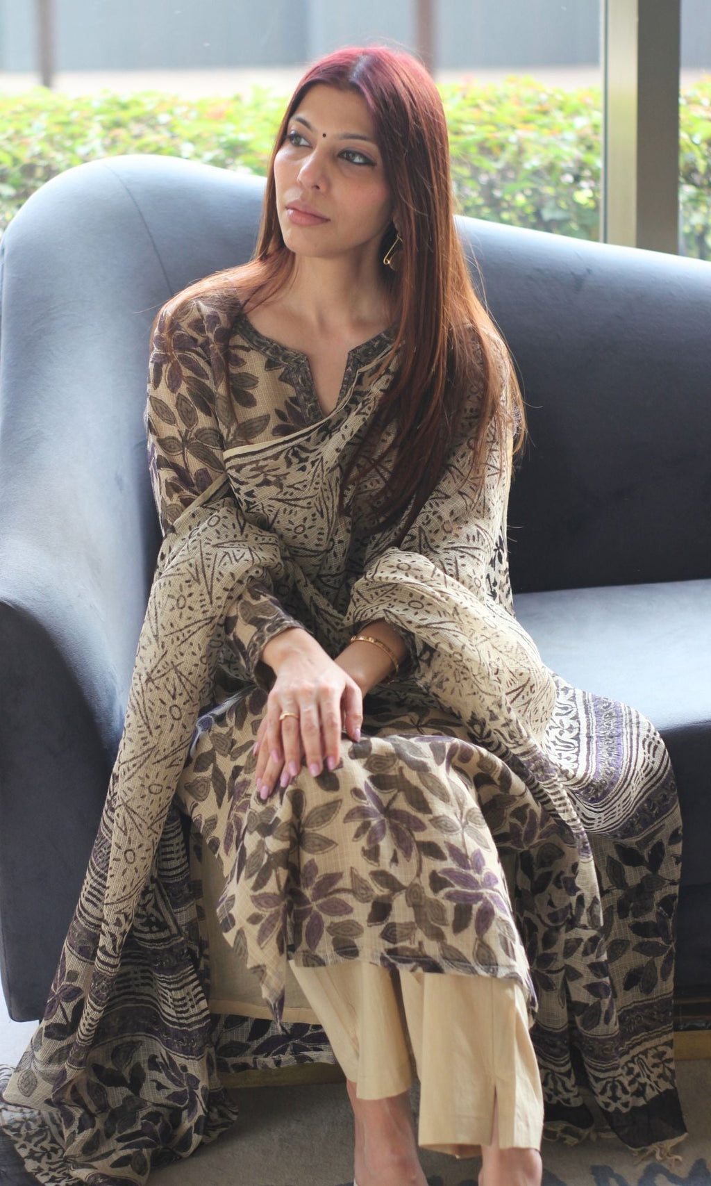Kota Doria Kalamkari Beige & Purple Kurta and Dupatta with Cotton Pants