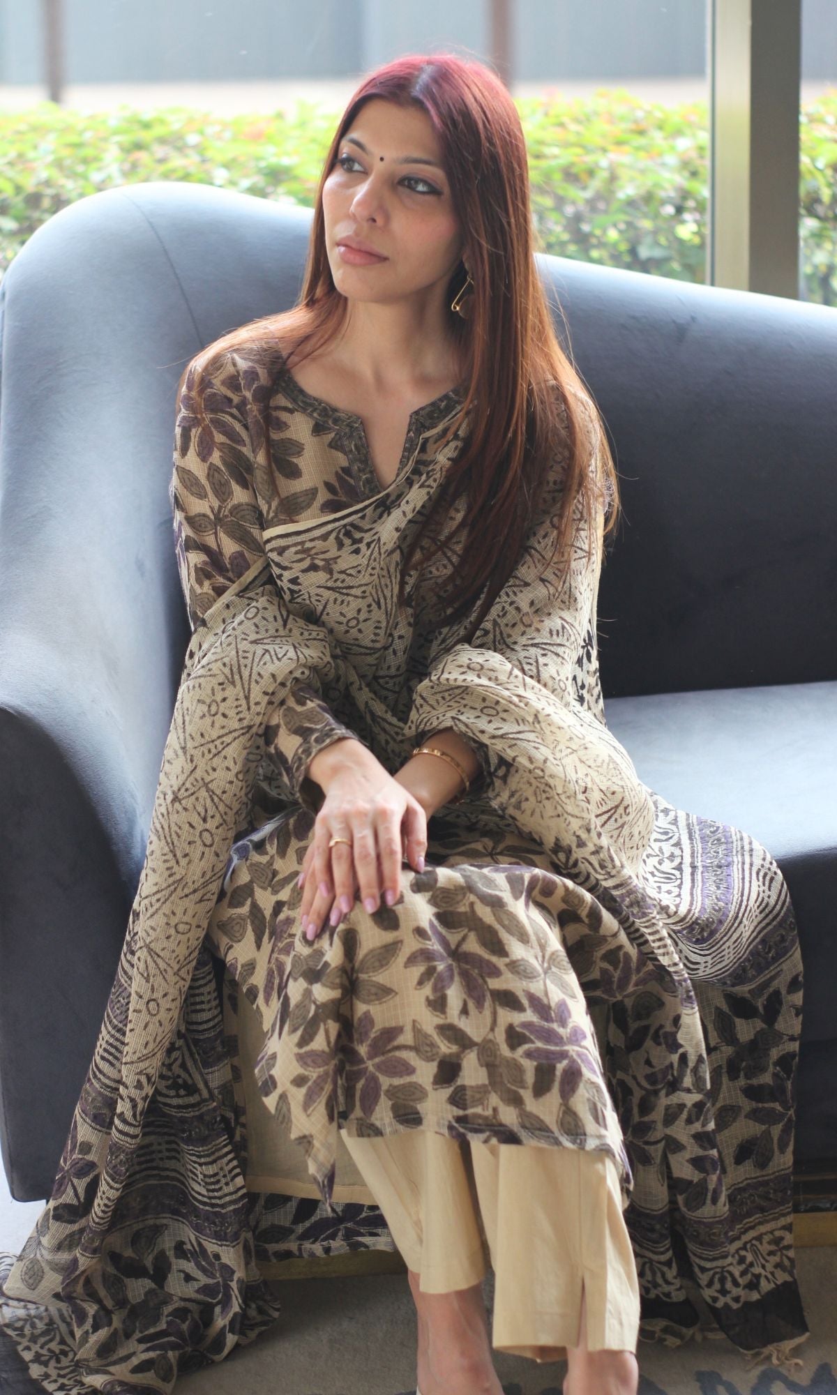 Kota Doria Kalamkari Beige & Purple Kurta and Dupatta with Cotton Pants