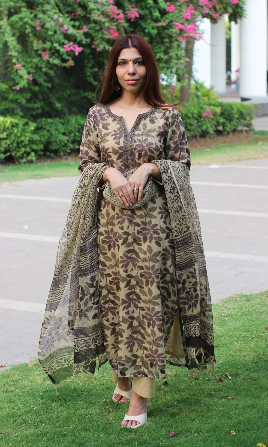 Kota Doria Kalamkari Beige & Purple Kurta and Dupatta with Cotton Pants