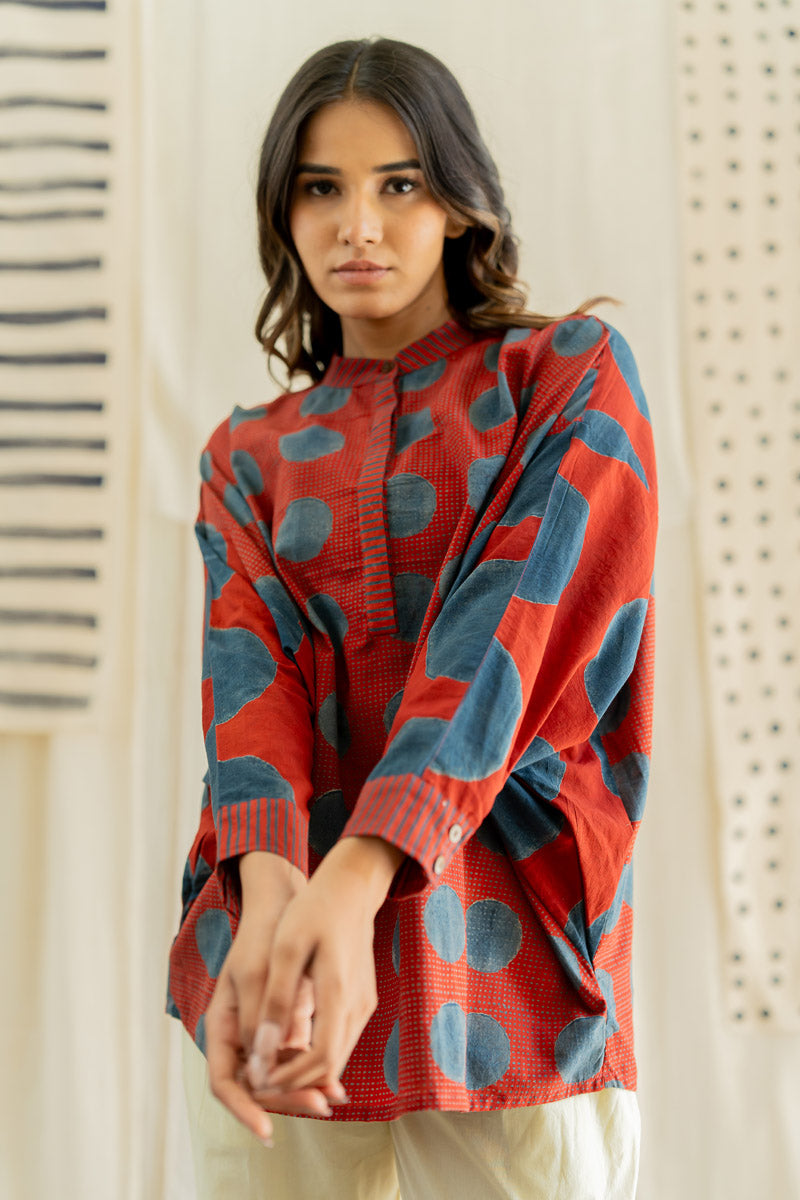Freesize Anti-fit Top - Red & Indigo Dots & Polkas