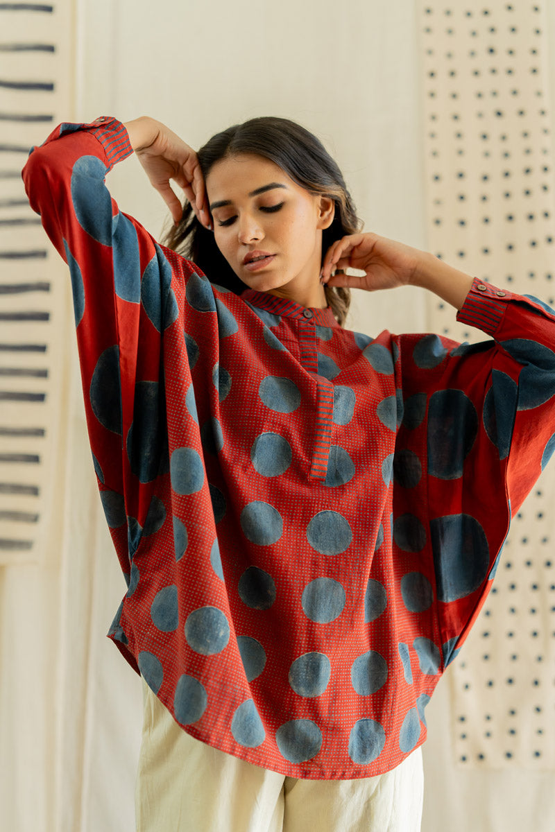 Freesize Anti-fit Top - Red & Indigo Dots & Polkas