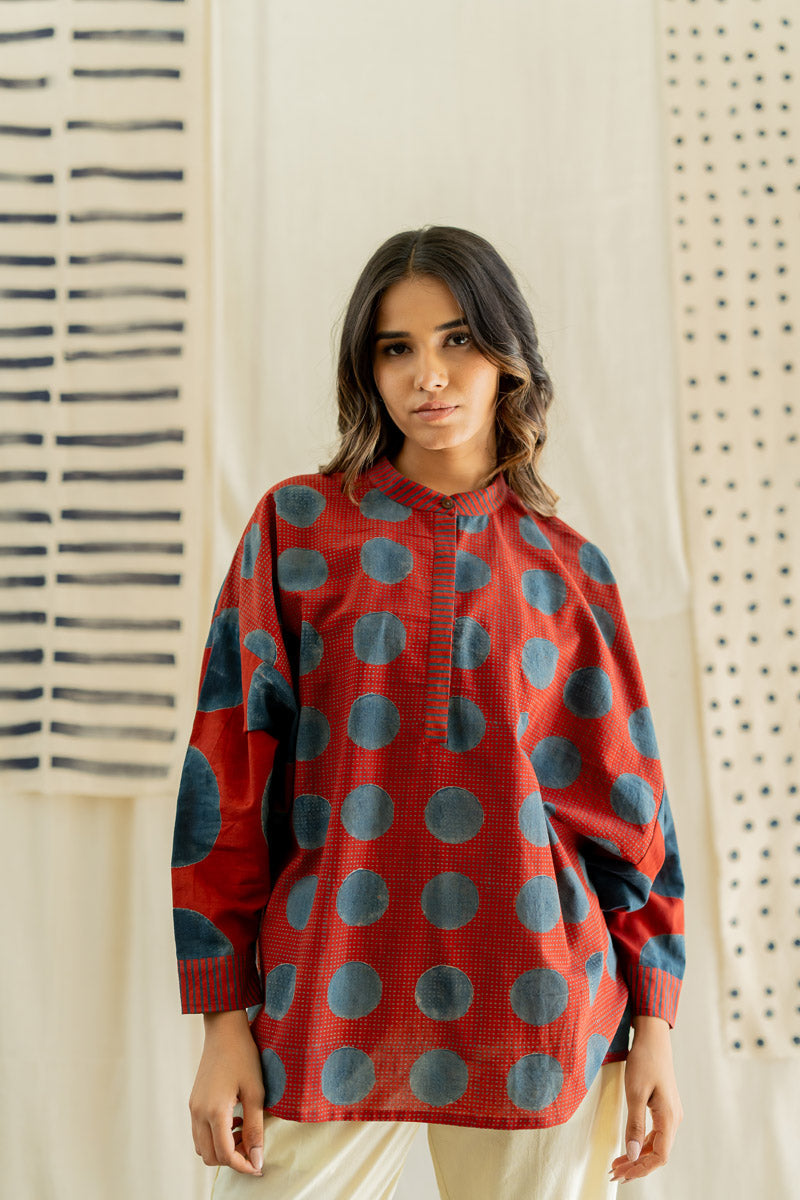 Freesize Anti-fit Top - Red & Indigo Dots & Polkas