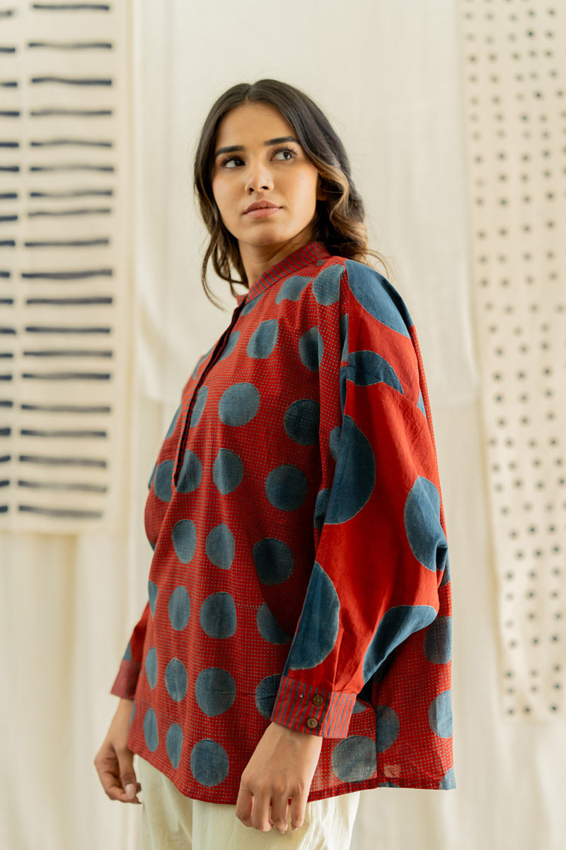 Freesize Anti-fit Top - Red & Indigo Dots & Polkas