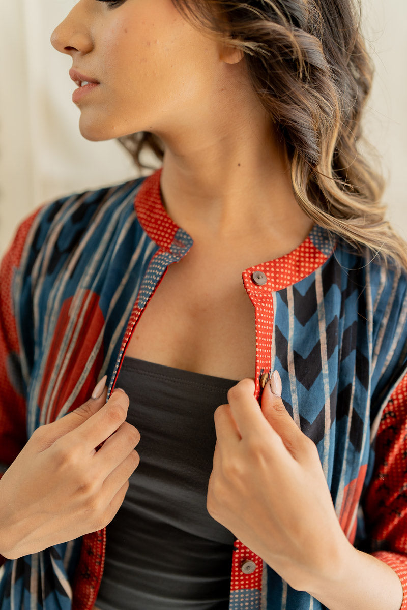 Pintuck Kurta - Playful Geometry Indigo