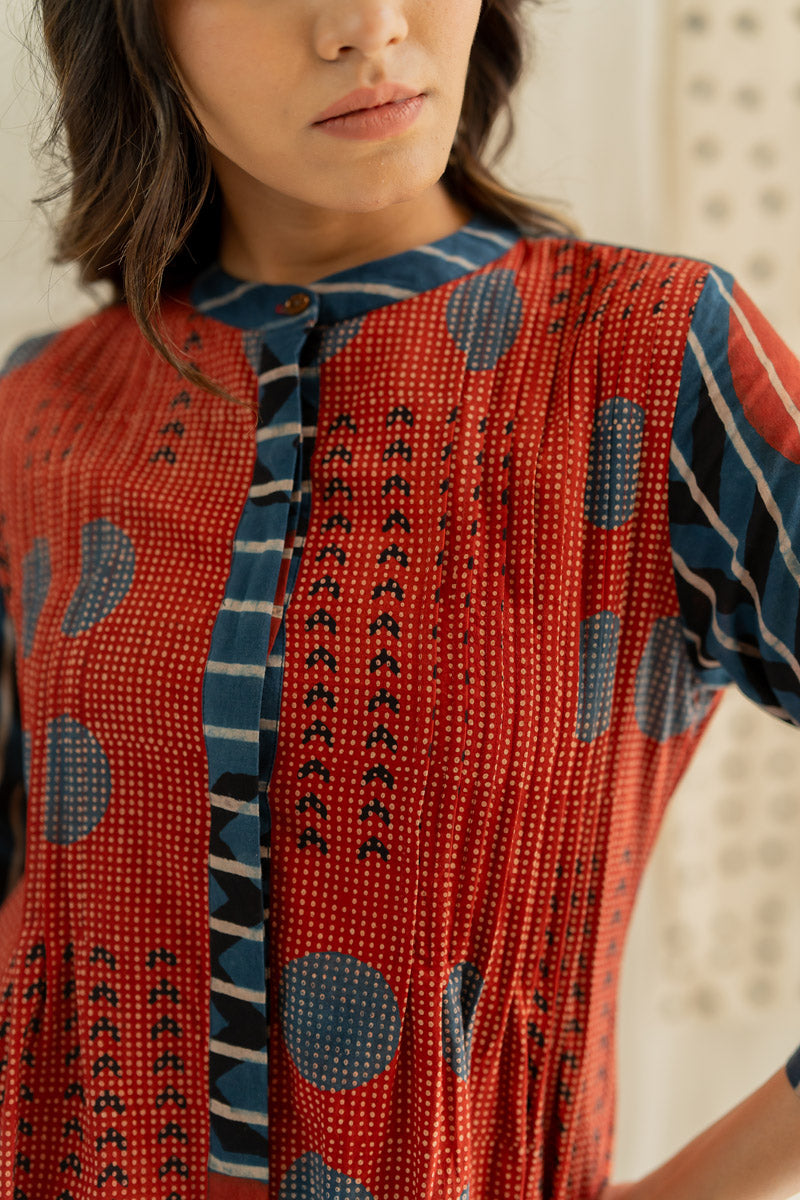 Pintuck Kurta - Playful Geometry Red