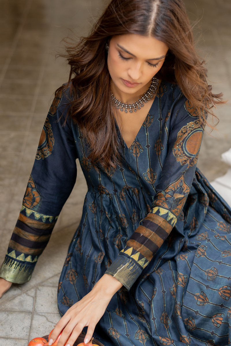 Chanderi Silk V Neck Flared Kurta Set of 2